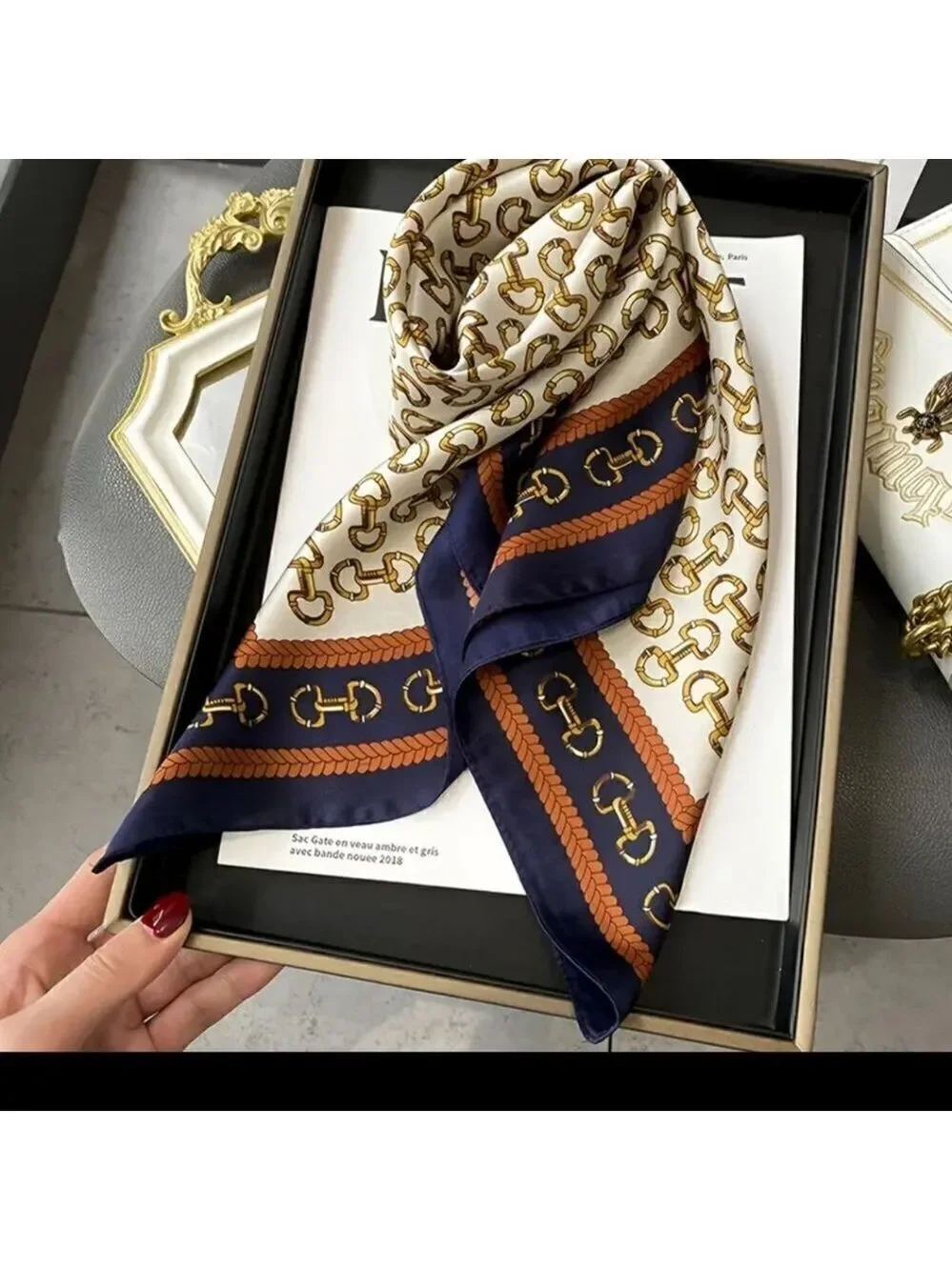 Square Scarf Blue Edge Golden Buckles Printed, Silky Style Neck Scarf